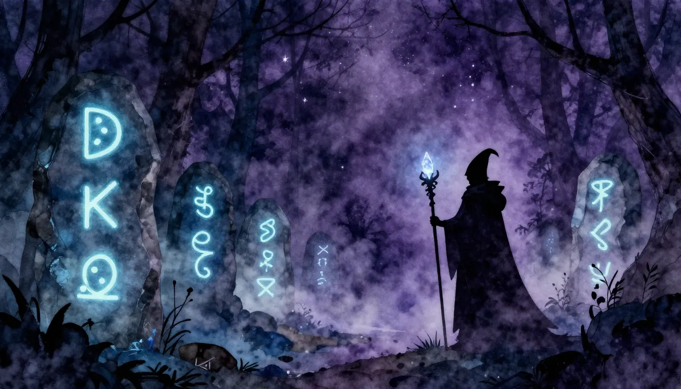 Watercolor style. Dark mystical forest at night, glowing mag...