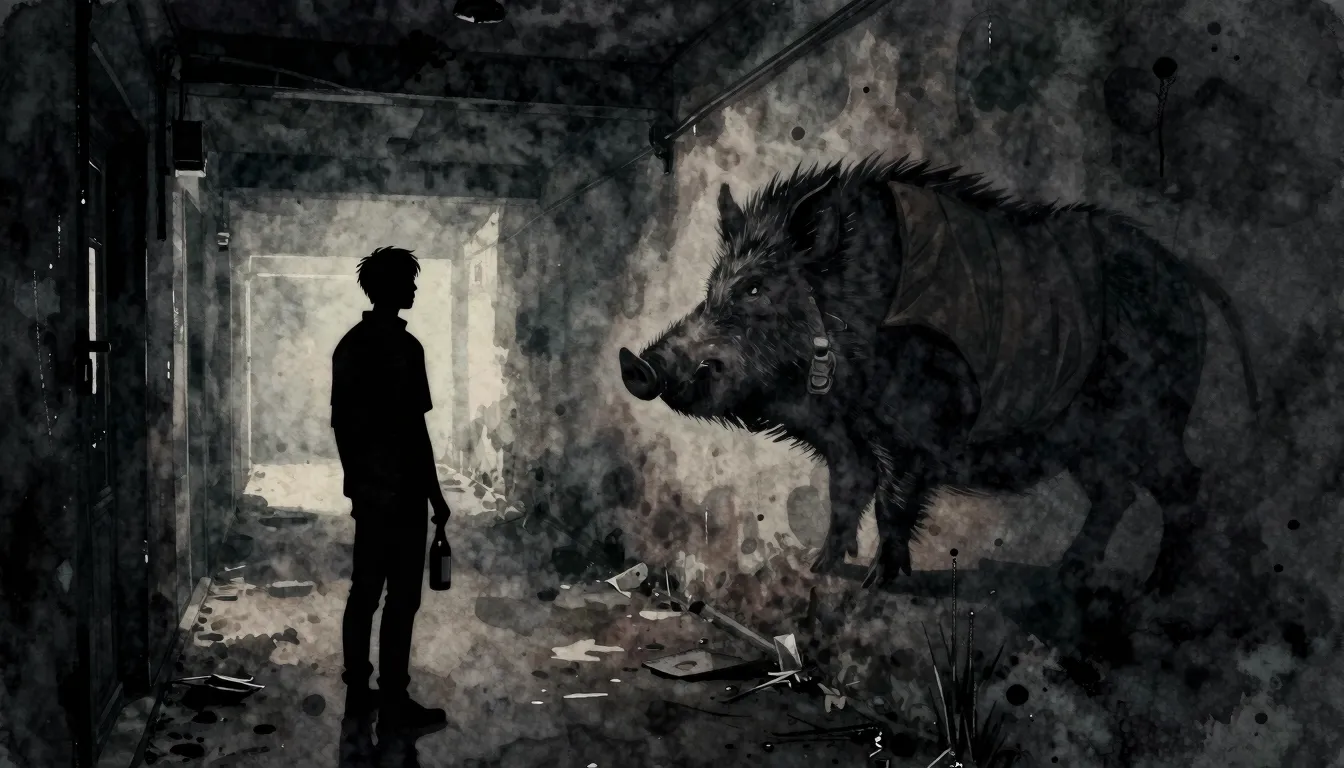 Watercolor style. A dark hallway with a silhouette of a pers...