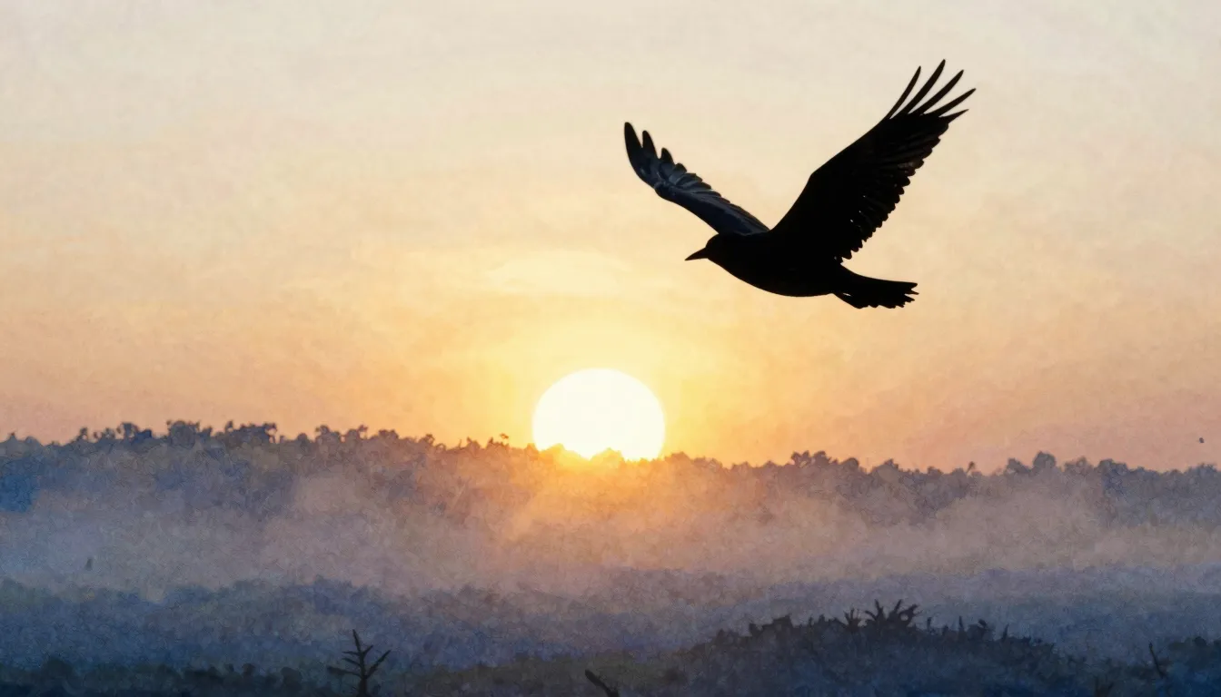 Watercolor style. A silhouette of a bird flying towards a br...