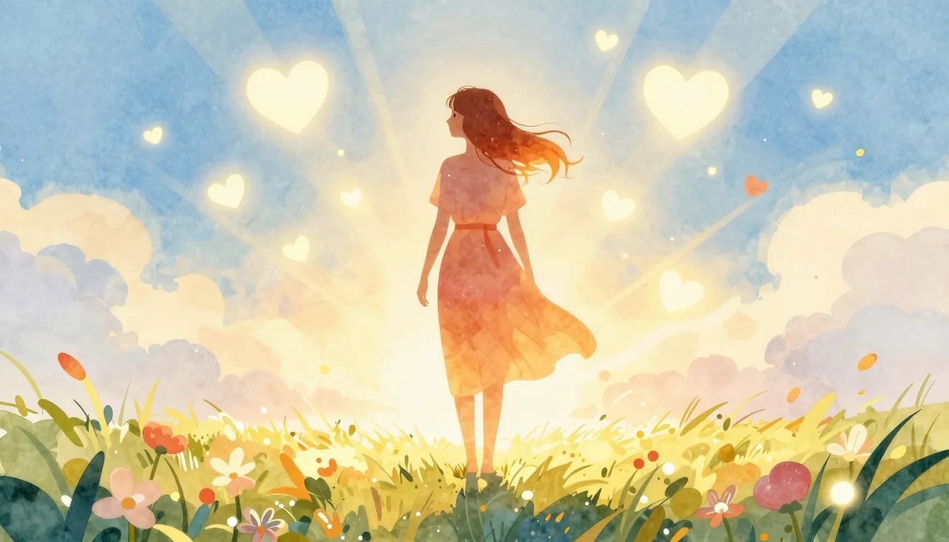 Watercolor style. A warm glowing silhouette of a woman stand...