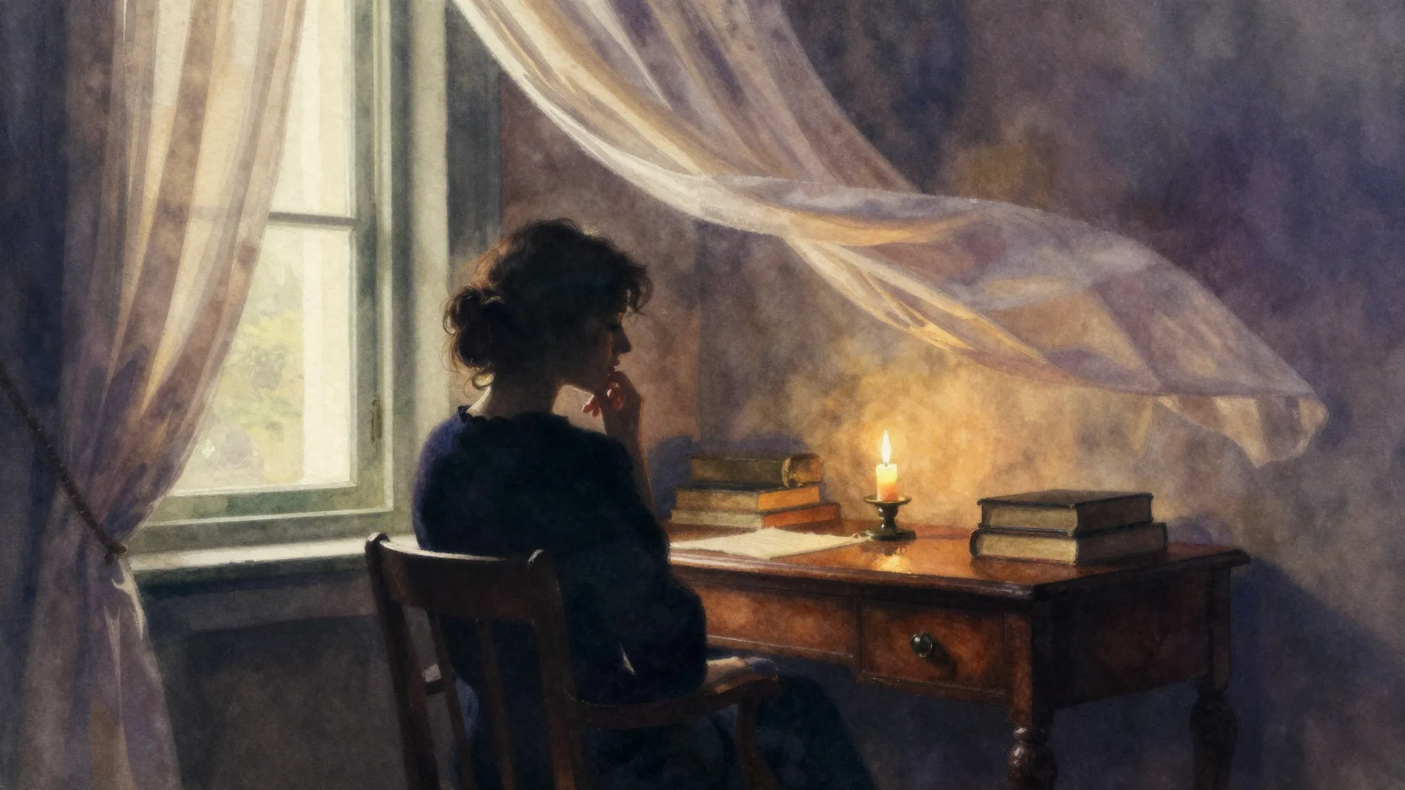 Vibrant watercolor style. A silhouette of a thoughtful woman...