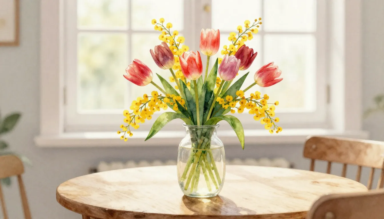 Watercolor style. Bright spring flowers, tulips and mimosas ...