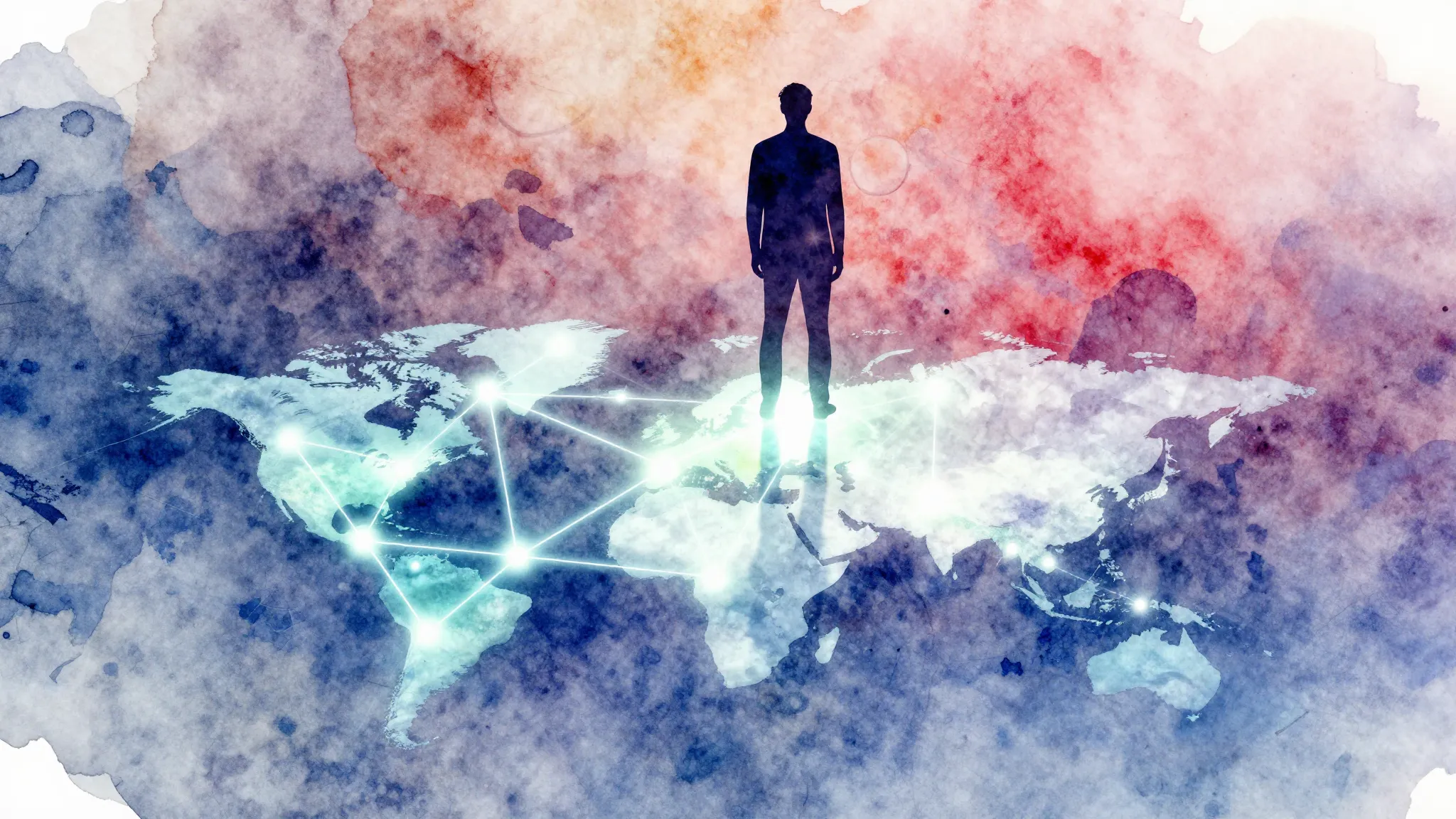 Watercolor style. Silhouette of a person standing on a glowi...