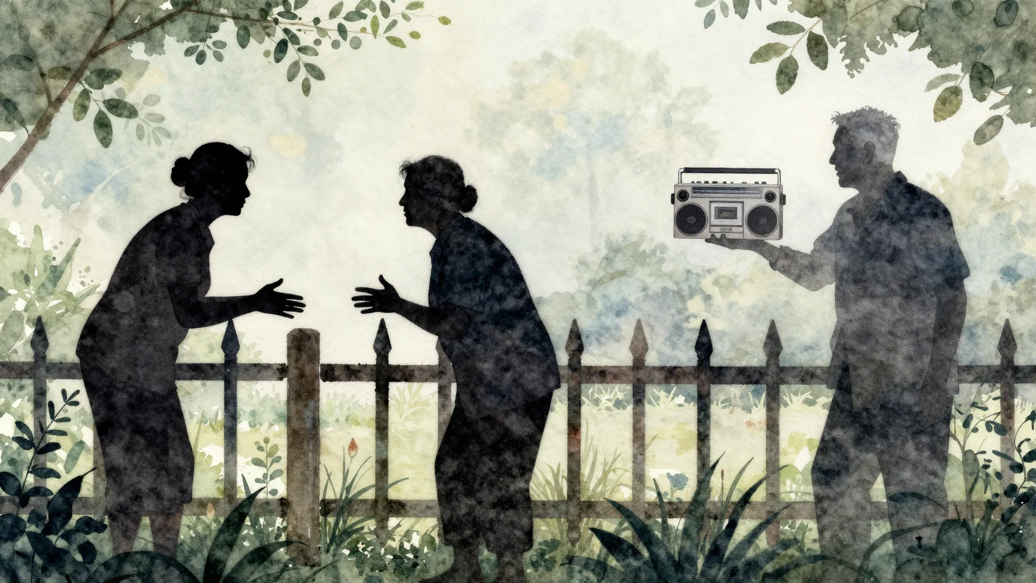 Watercolor style. Silhouettes of two old women arguing over ...