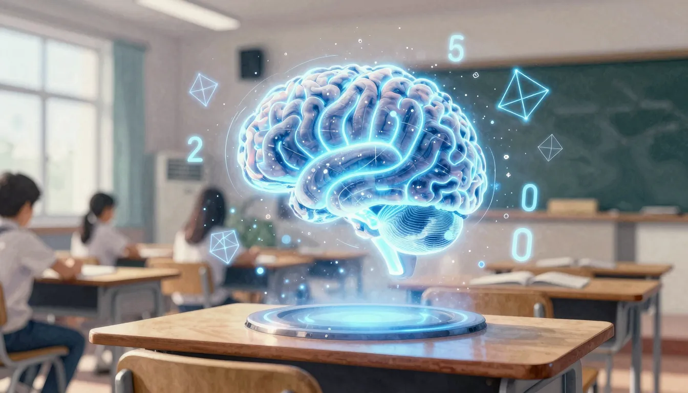 Watercolor style. A glowing digital brain hovering above a m...