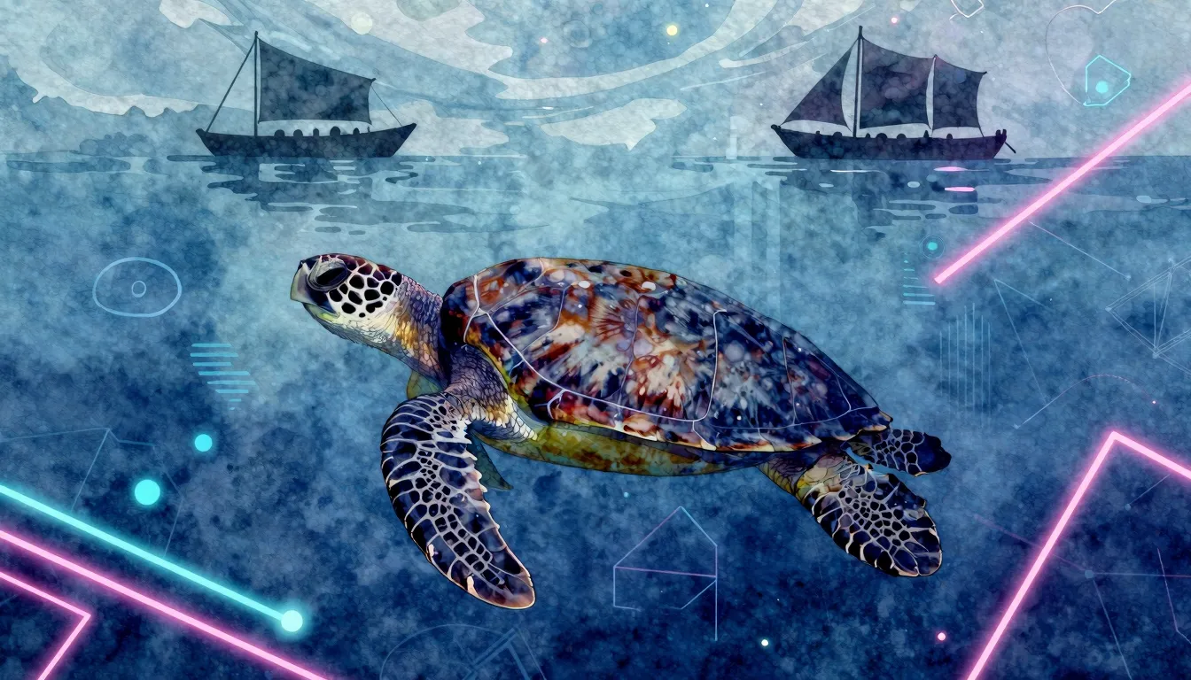 Watercolor style. Silhouette of a sea turtle swimming underw...