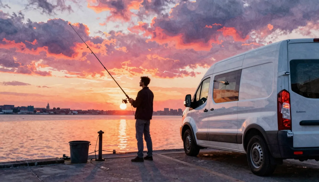 Vibrant watercolor style. A silhouette of a man fishing on a...