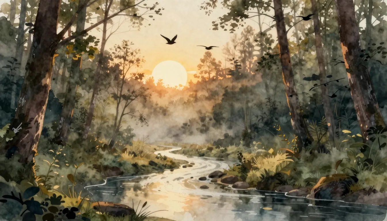 Watercolor style. A beautiful morning forest with a river, s...