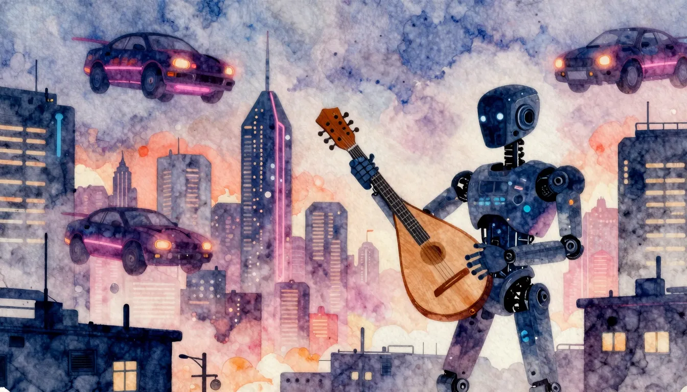 Watercolor style. A futuristic city skyline with flying cars...