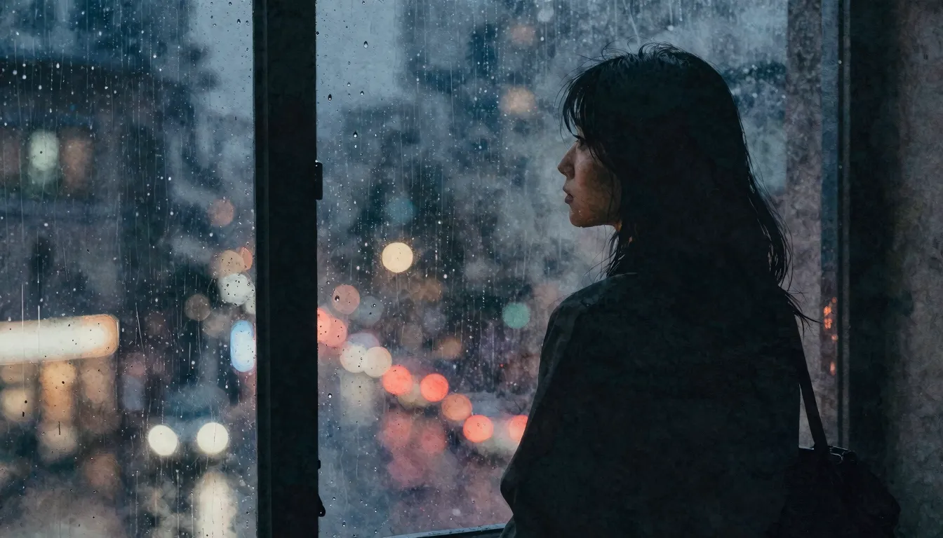Watercolor style. A silhouette of a woman looking out a rain...