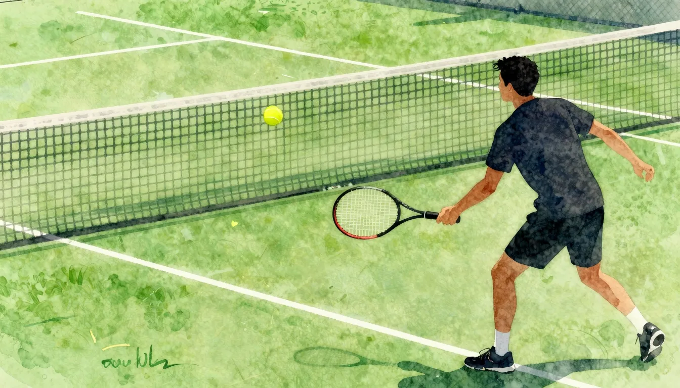 Watercolor style. Bright sunny tennis court, yellow tennis b...