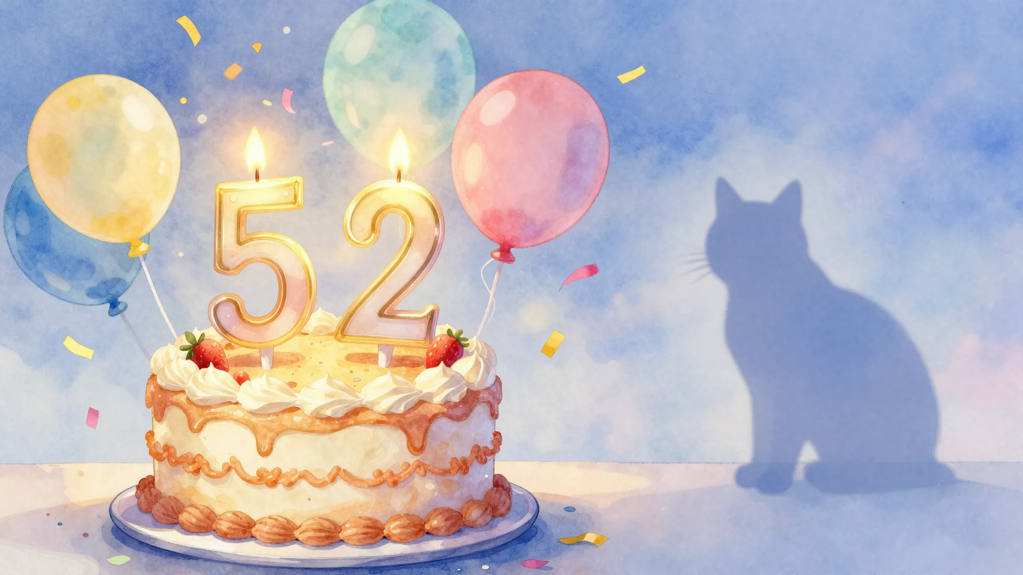 Watercolor style. A festive birthday cake with glowing candl...