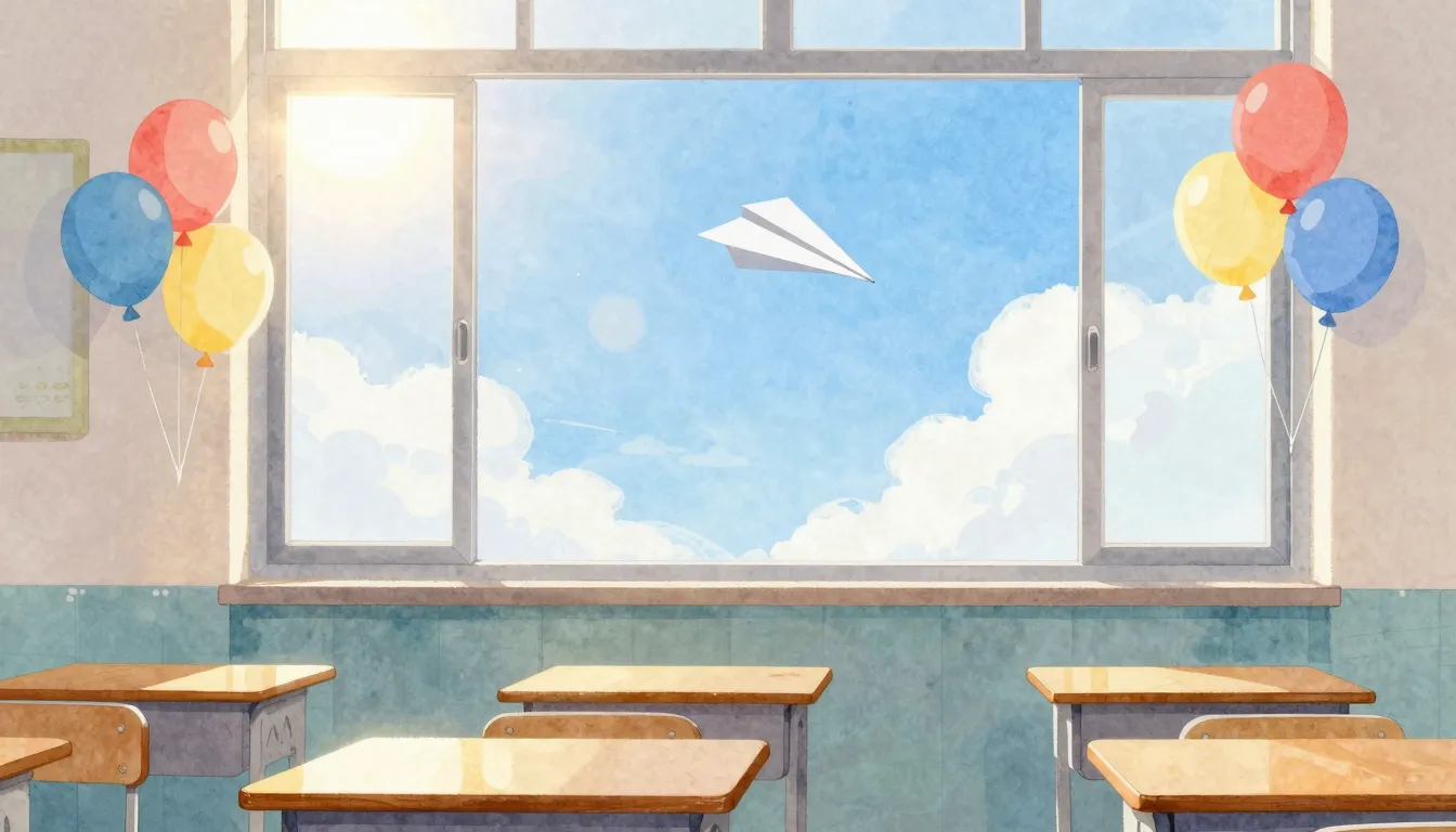 Watercolor style. Bright sun shining over an empty school de...
