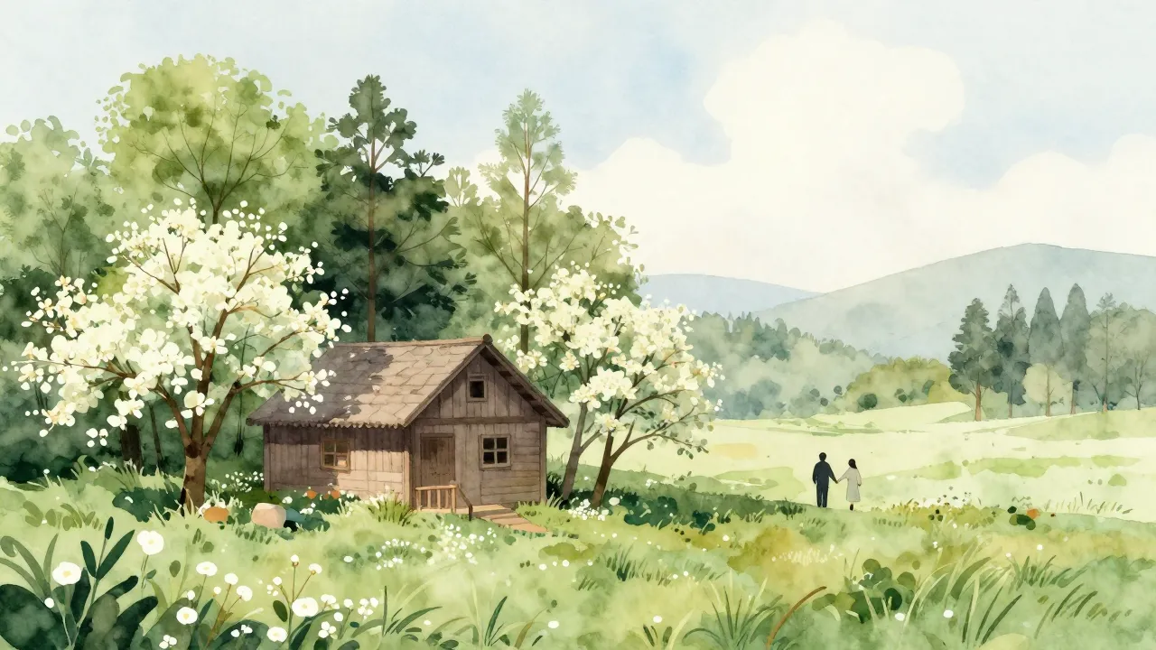 Watercolor style. A serene countryside landscape with a smal...