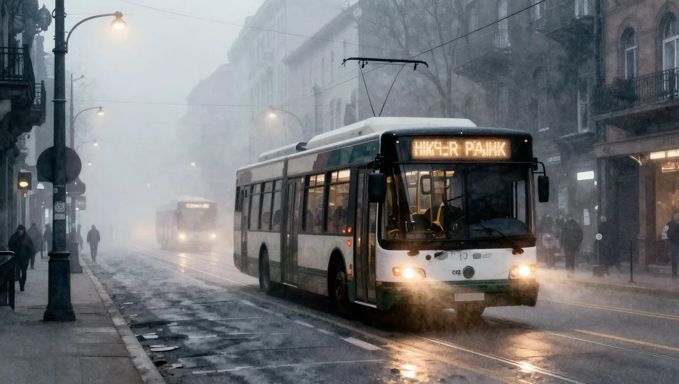 Watercolor style. A silhouette of a trolleybus driving throu...