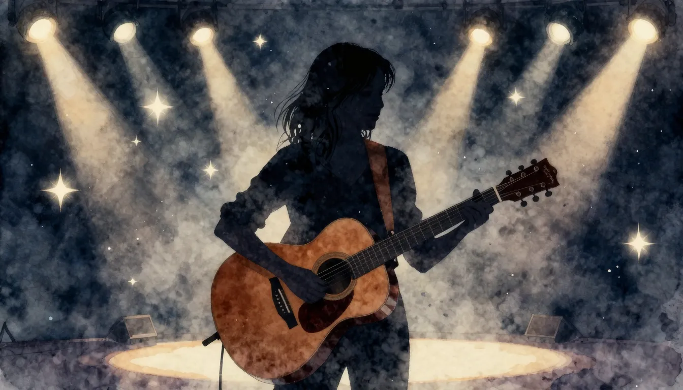 Watercolor style. Silhouette of a female playing an acoustic...