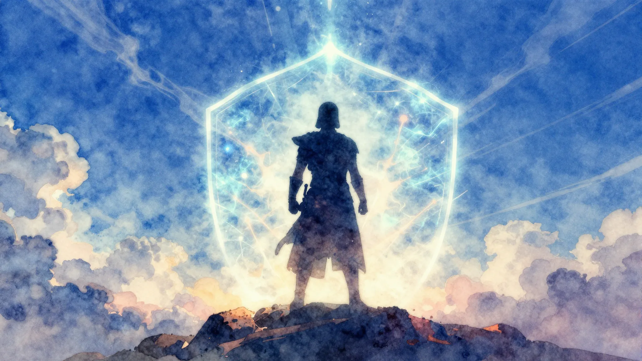 Vibrant watercolor style. A silhouette of a heroic guardian ...
