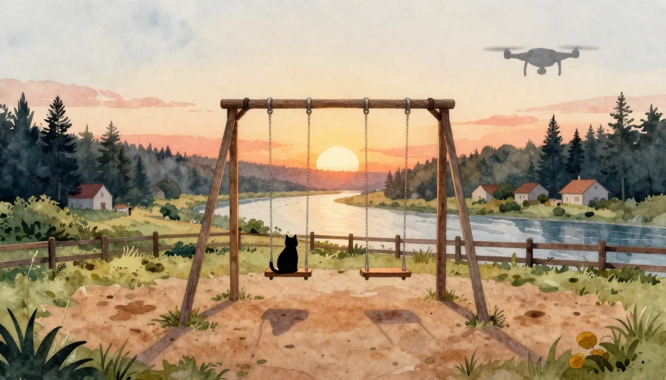 Watercolor style. A lonely swing on an empty playground in a...