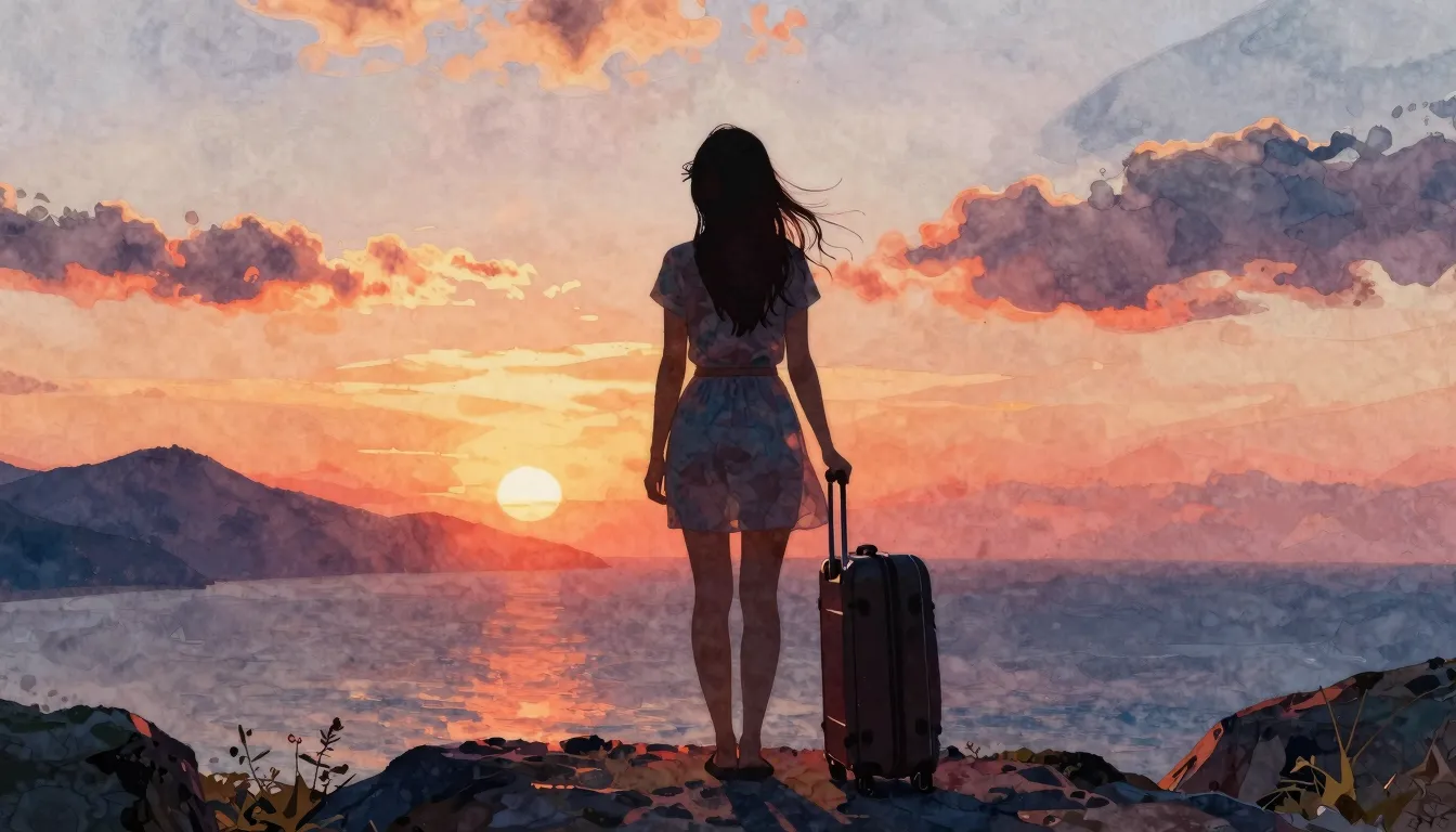 Watercolor style. Silhouette of a woman with a suitcase look...