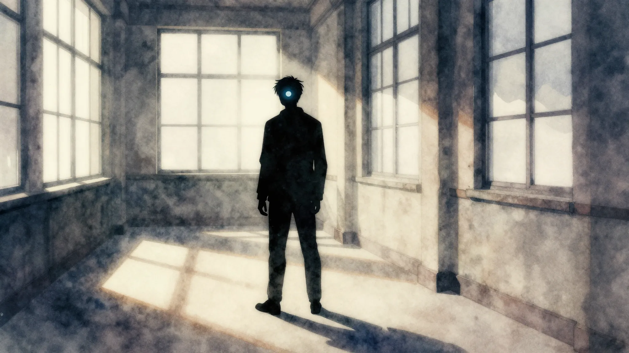 Watercolor style. Dark silhouette of a short figure with a g...