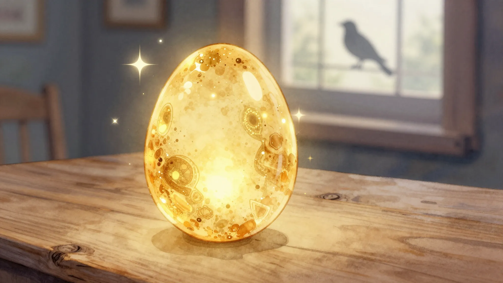 Watercolor style. A glowing golden egg on a wooden table, ma...