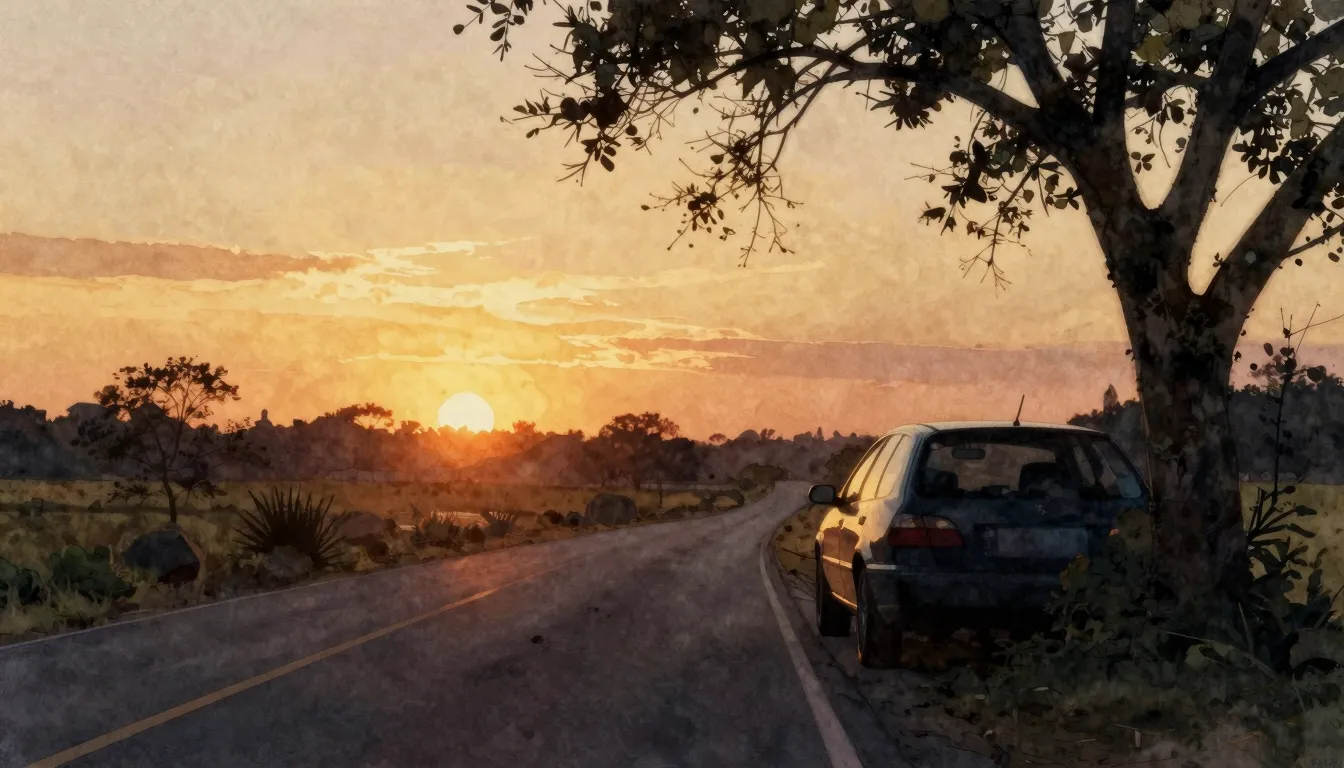 Watercolor style. A peaceful sunset over a quiet road, a sil...