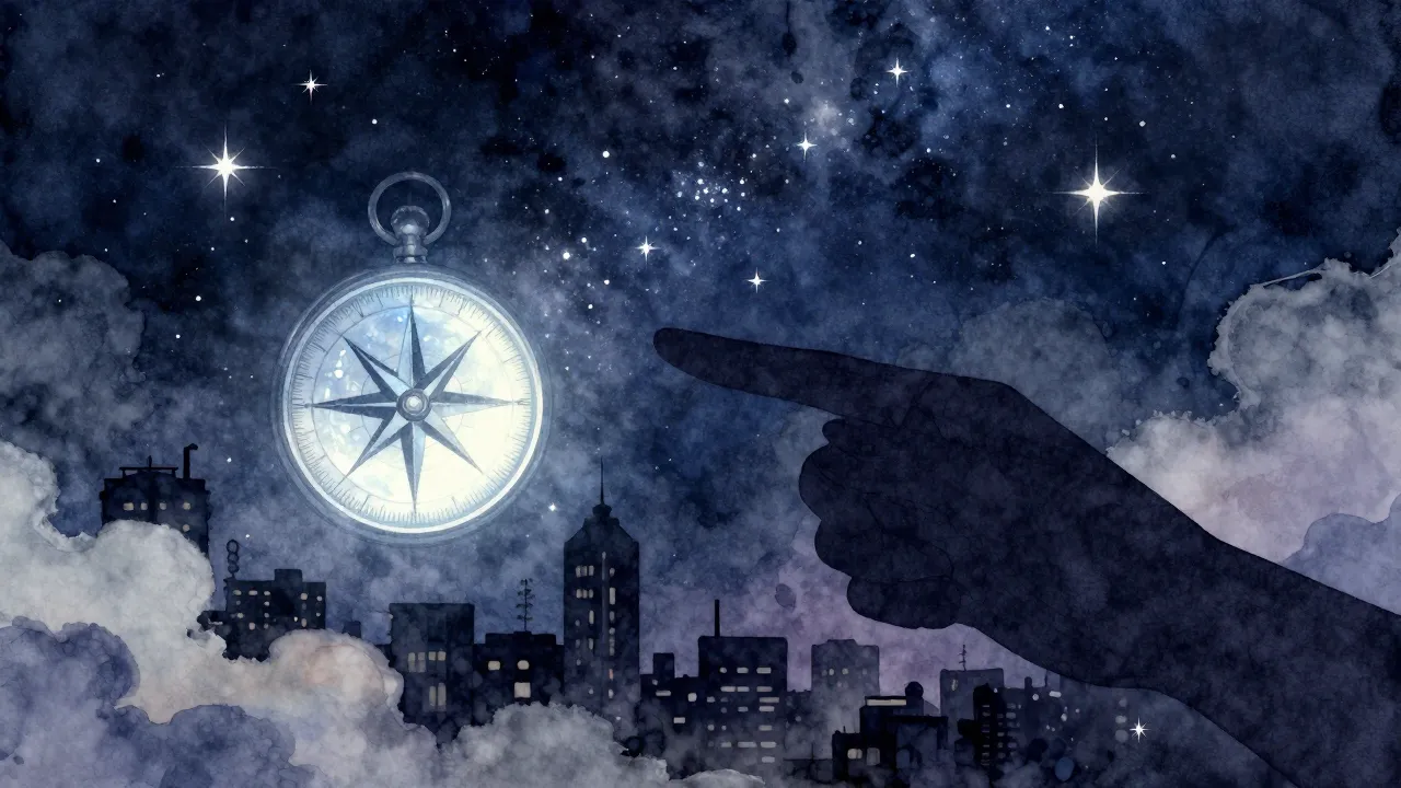 Watercolor style. A glowing moonstone compass in a silhouett...