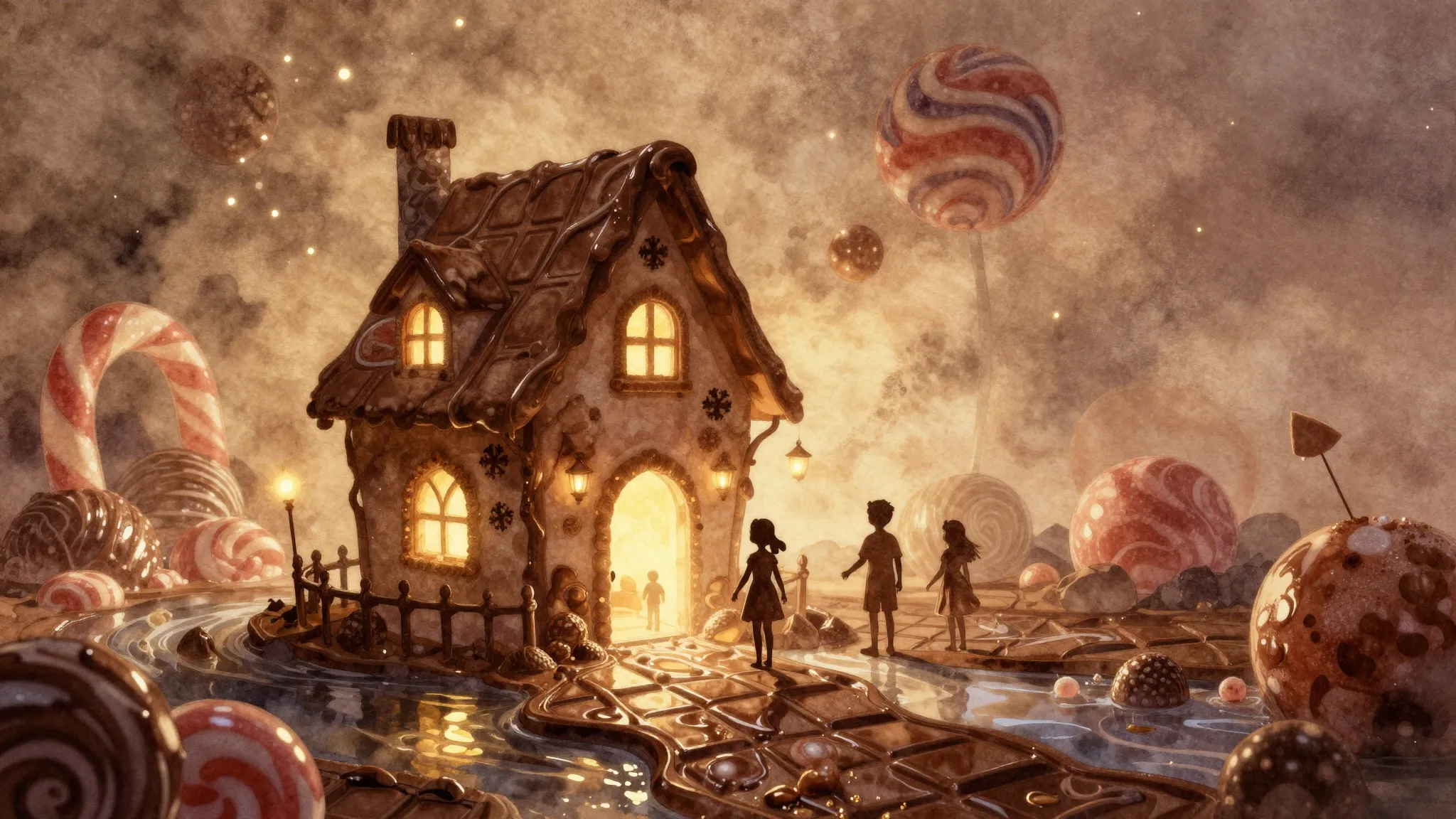 Watercolor style. Silhouette of children in a magical candy ...