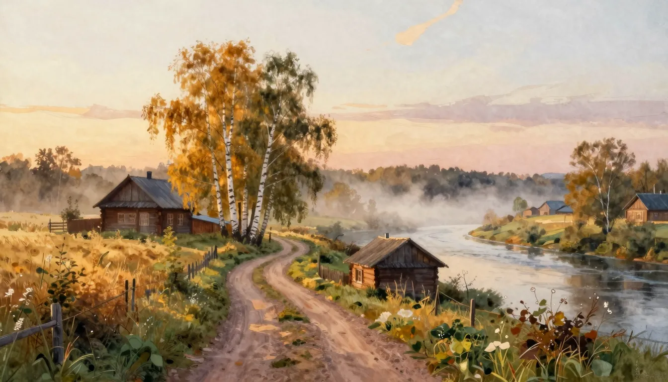 Vibrant watercolor style. A nostalgic landscape of a Russian...