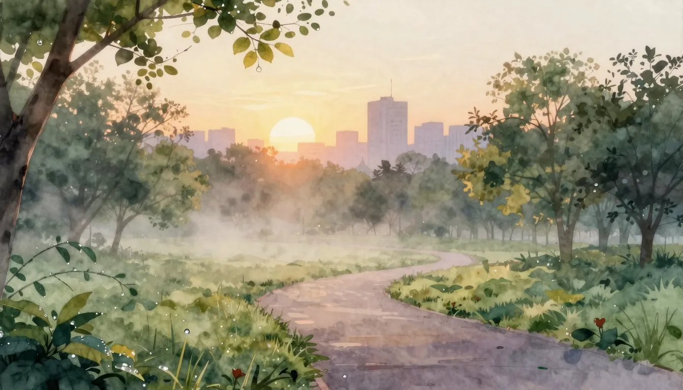Watercolor style. A serene morning park with mist over the p...