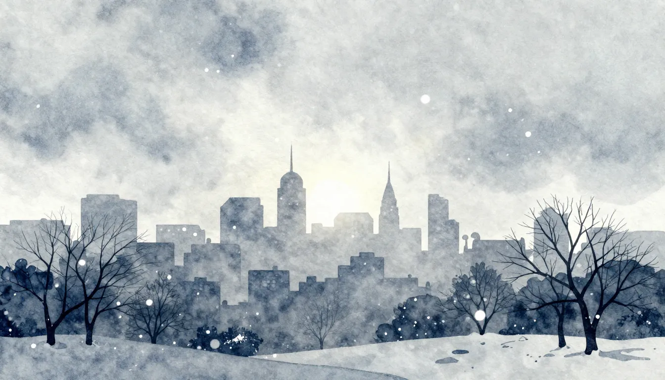 Watercolor style. A winter city landscape in March, grey sky...