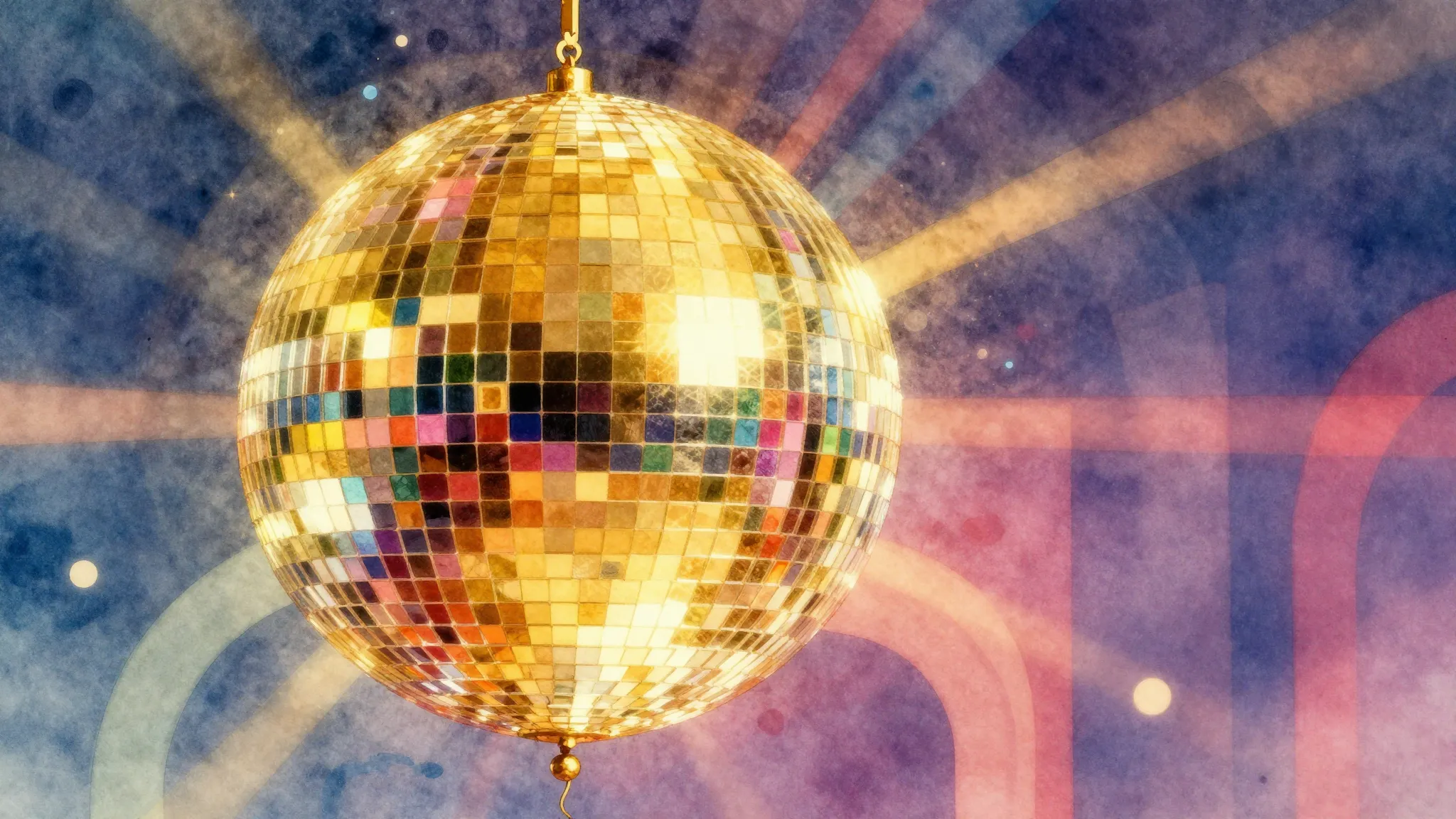 Vibrant watercolor style. A vibrant 1970s disco-themed album...