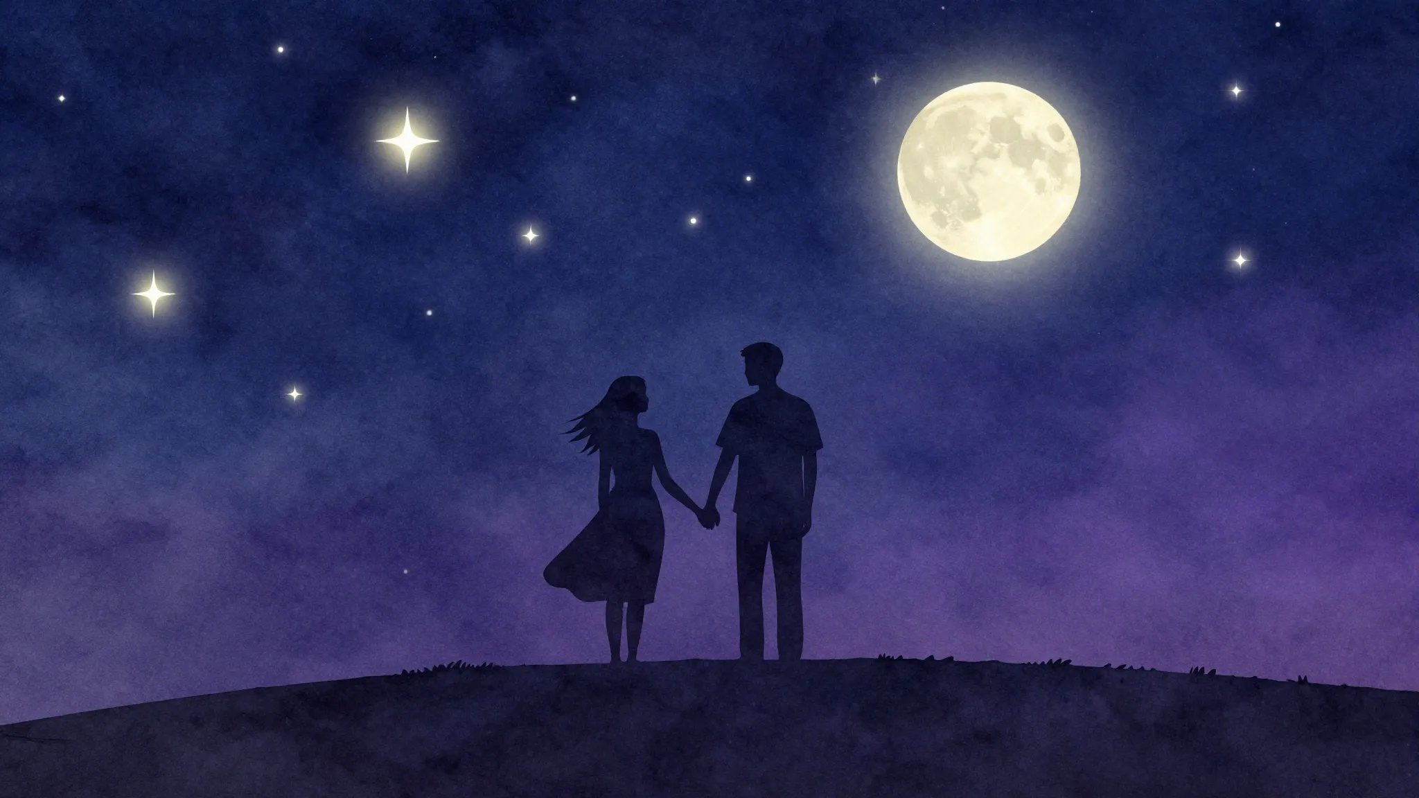 Watercolor style. Romantic night sky with glowing stars, sil...