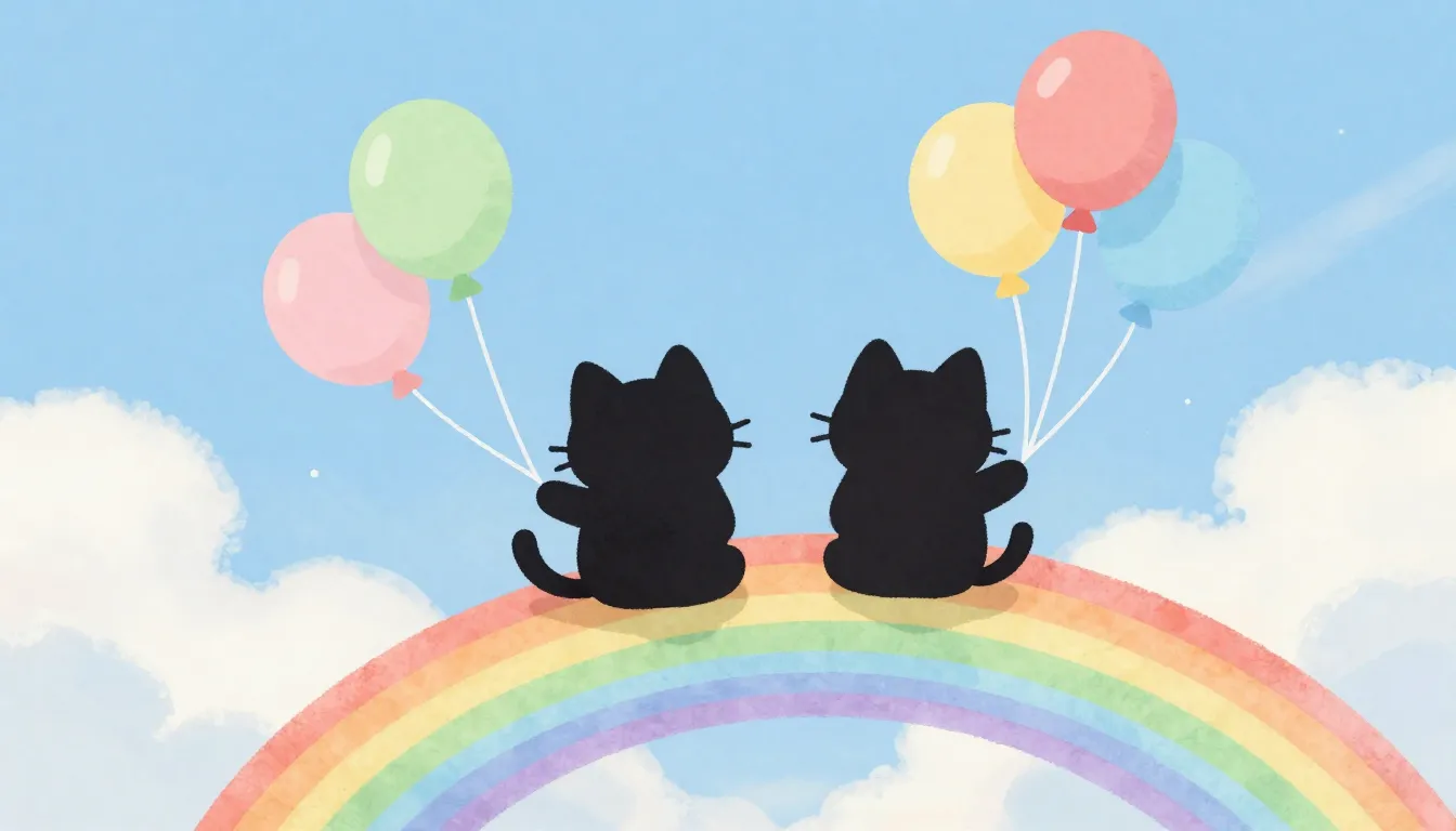 Watercolor style. Two cute cartoon cat silhouettes sitting o...
