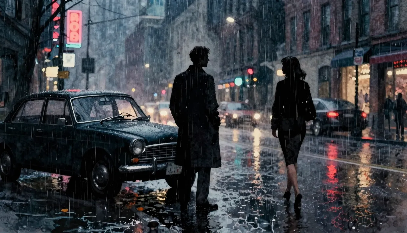 Watercolor style. Dark city street at night, rain pouring do...