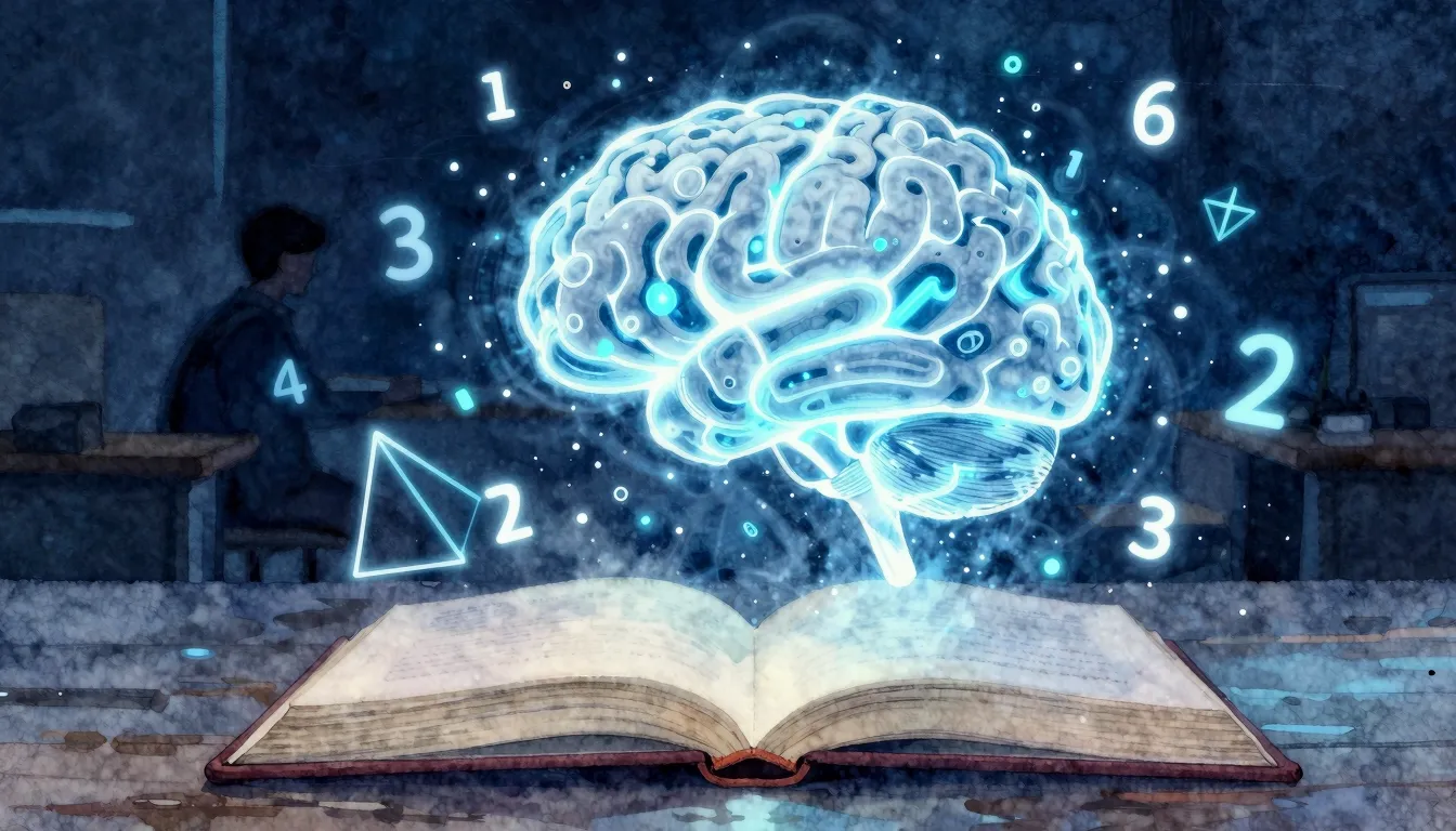 Watercolor style. A glowing digital brain floating above an ...