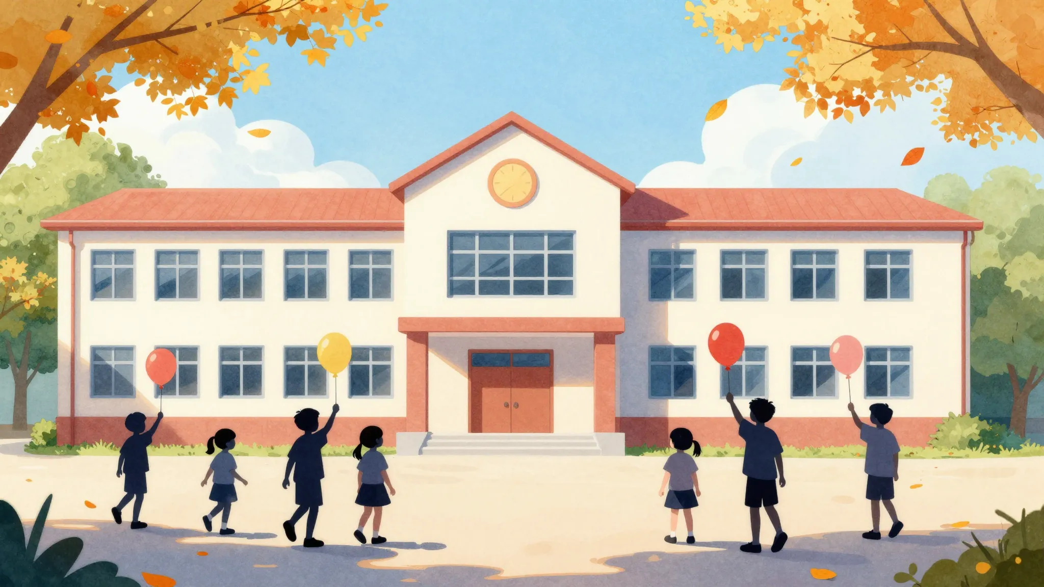 Watercolor style. A bright school building with silhouettes ...