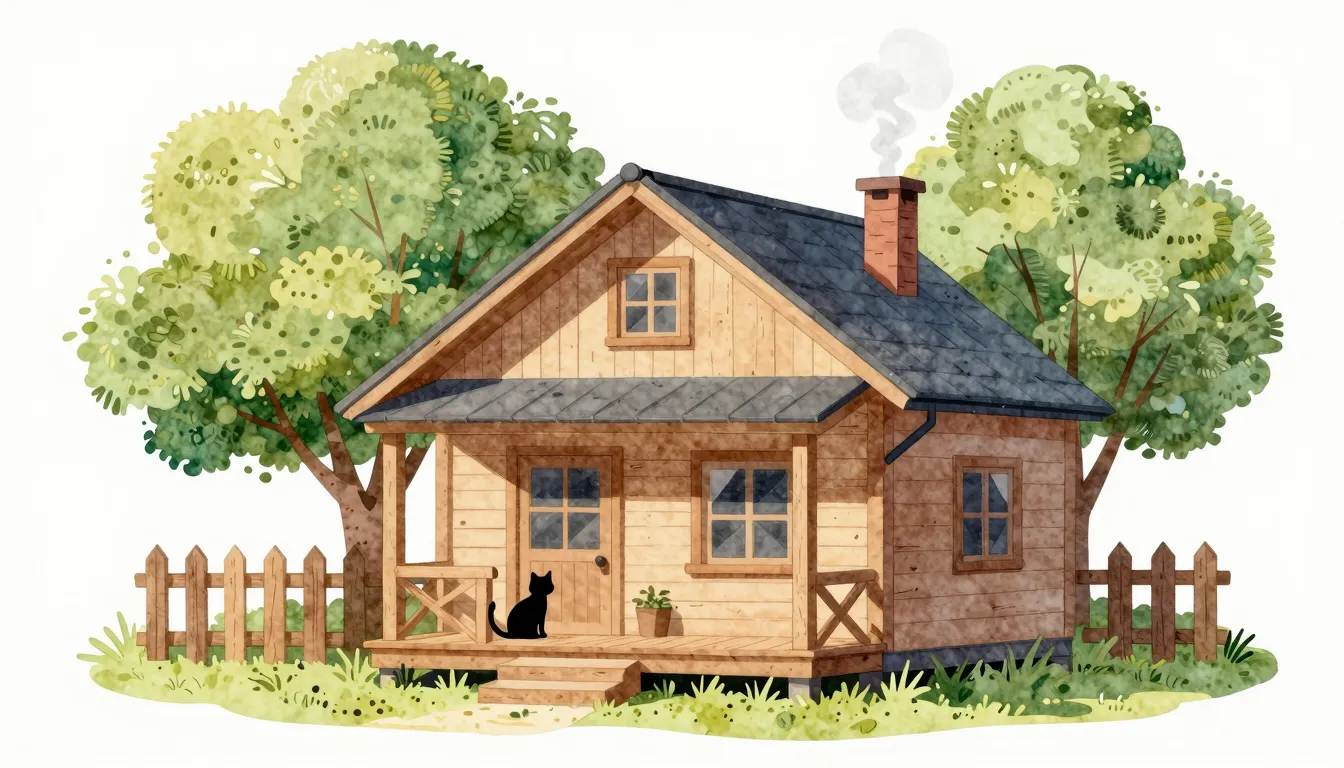 Watercolor style. A cozy wooden summer house surrounded by g...