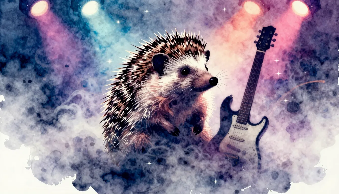 Vibrant watercolor style. A cool hedgehog with a rockstar at...
