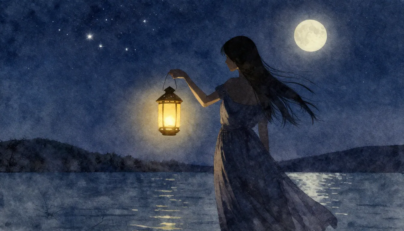 Watercolor style. A silhouette of a woman holding a glowing ...