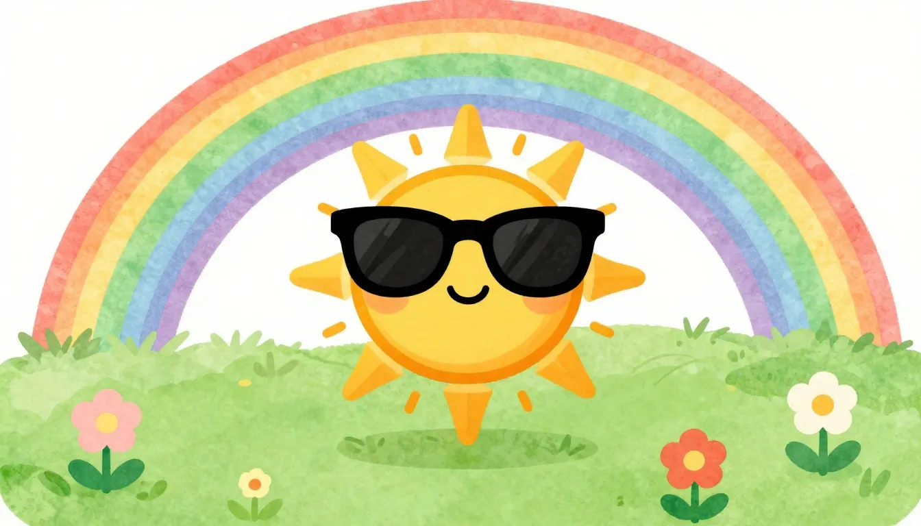 Watercolor style. Bright cartoon sun wearing sunglasses, col...