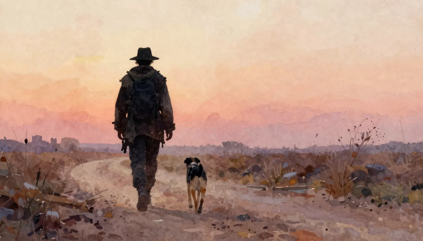 Vibrant watercolor style. A lonely silhouette of a wanderer ...