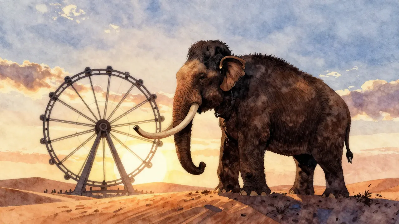 Watercolor style. Silhouette of a large mammoth standing on ...