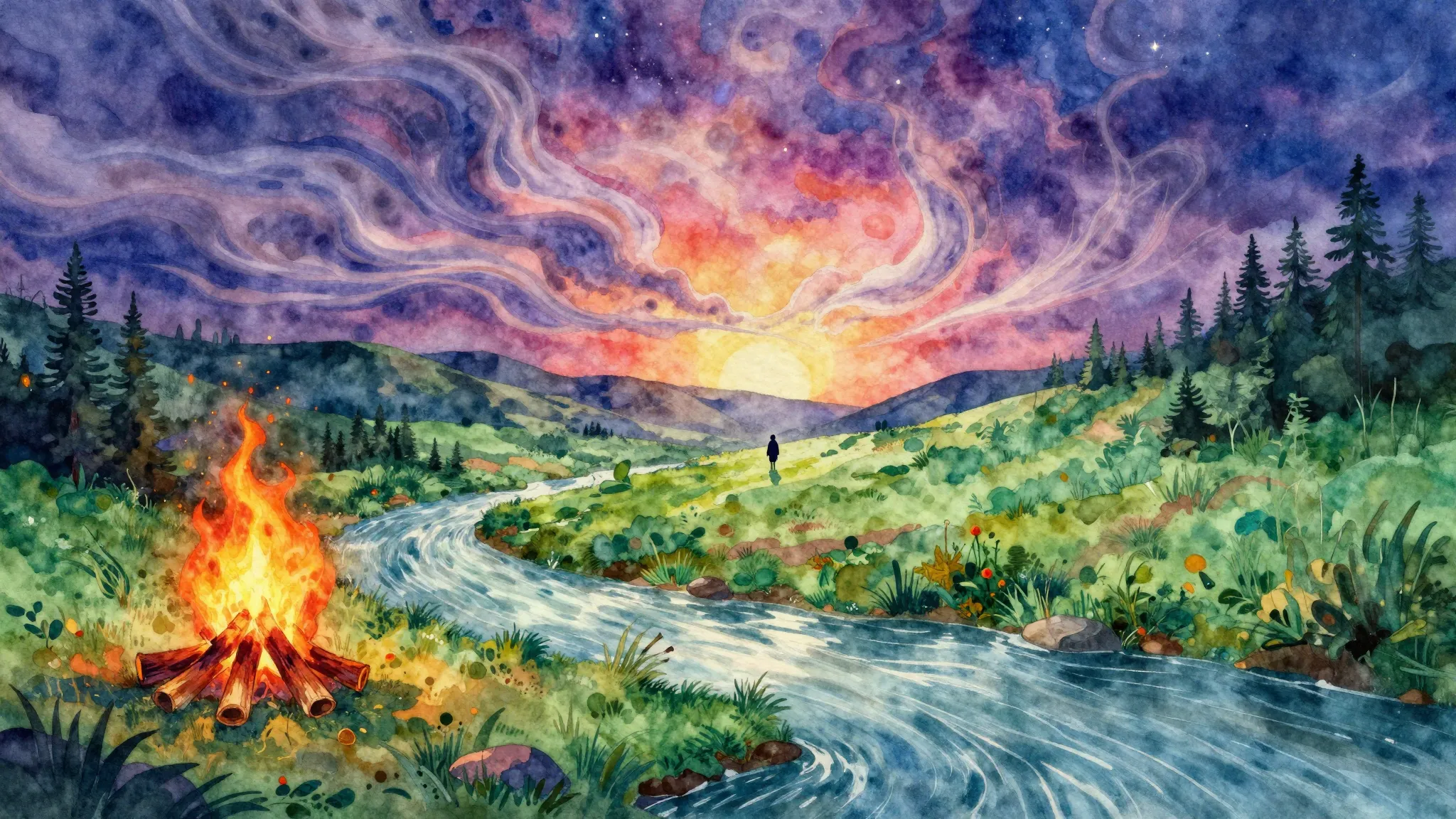 Vibrant watercolor style. Folk music album cover, a mystical...
