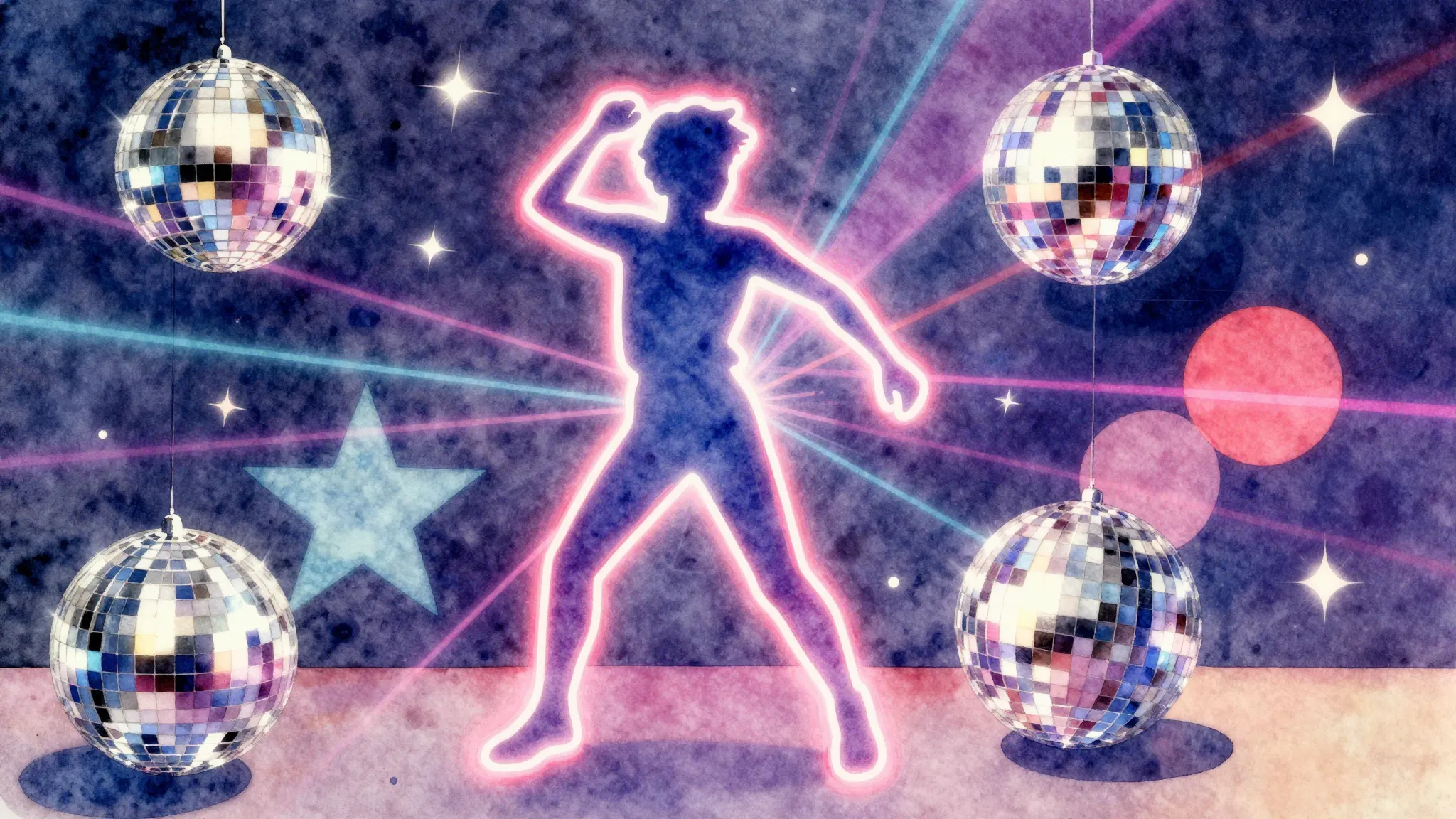 Vibrant watercolor style. A vibrant 1970s disco-themed album...