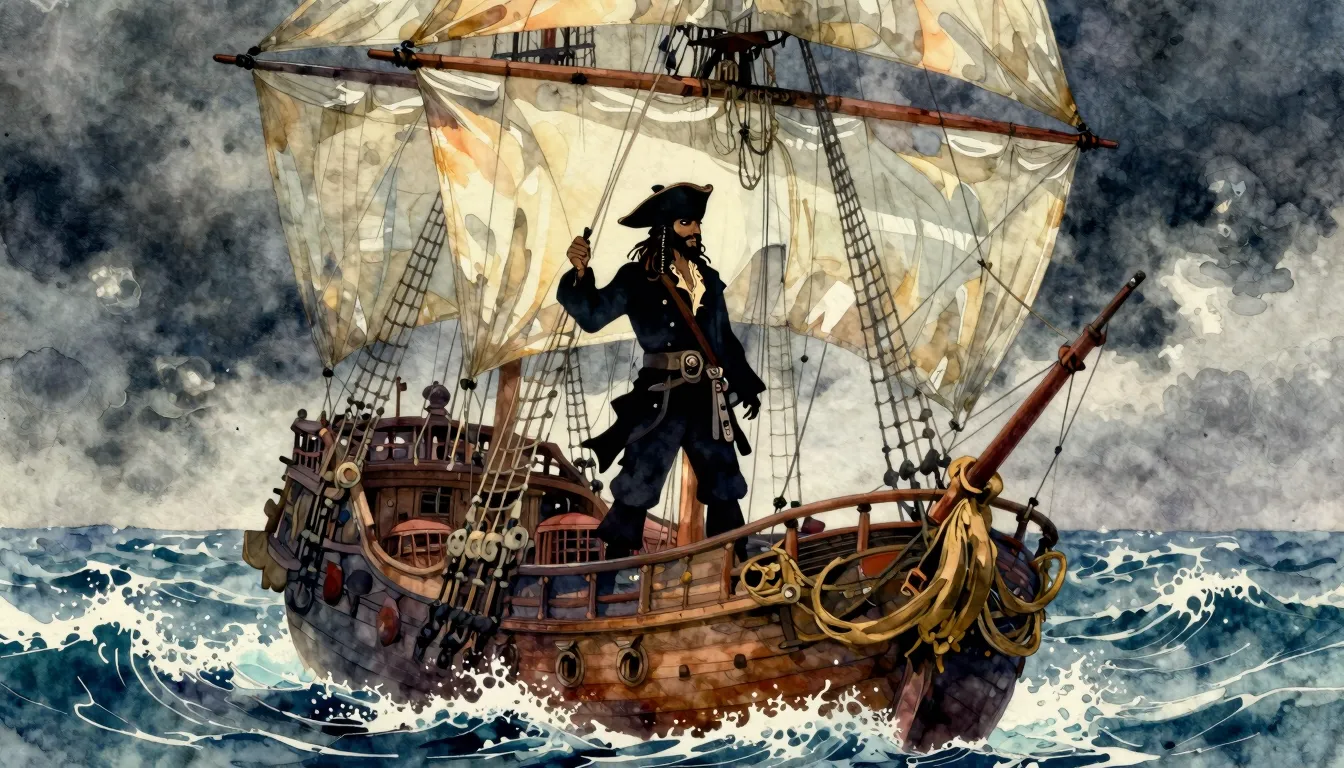 Vibrant watercolor style. A silhouette of a gentleman pirate...