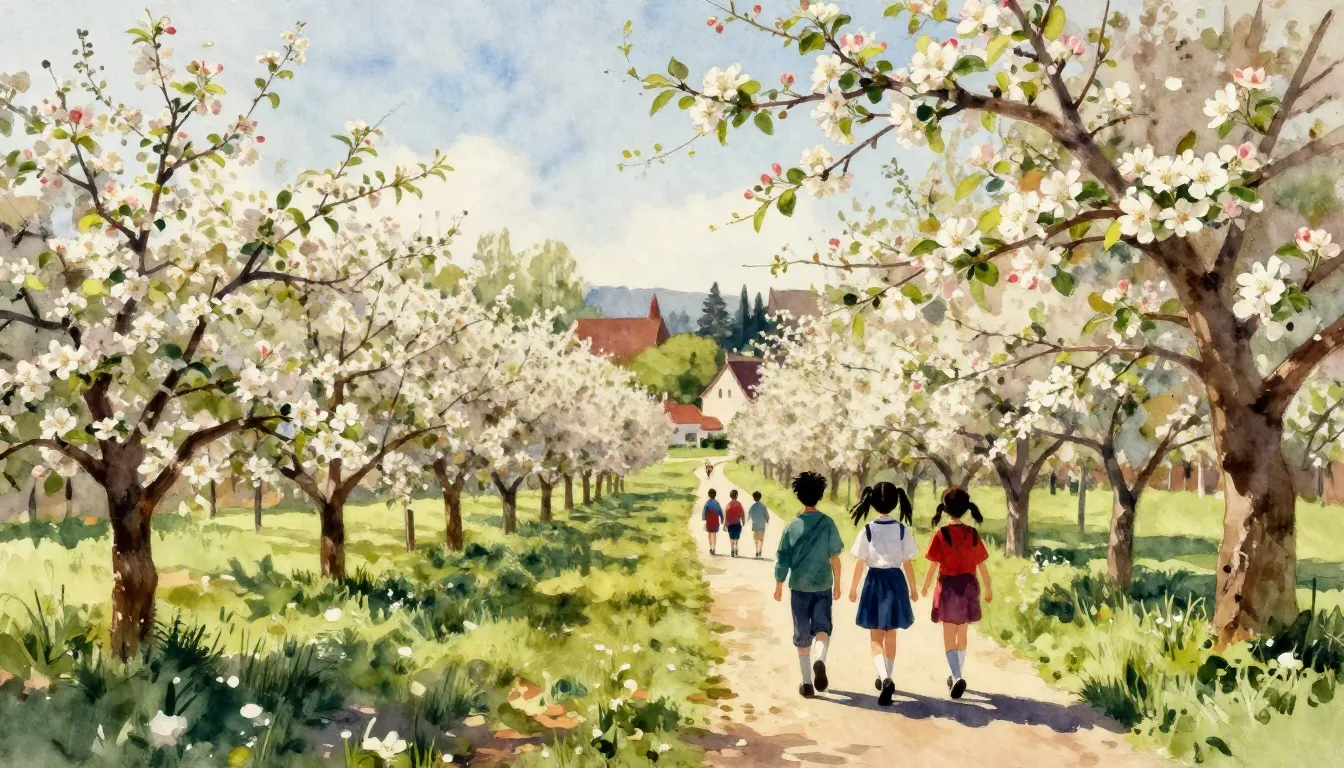 Vibrant watercolor style. Nostalgic spring landscape, a bloo...