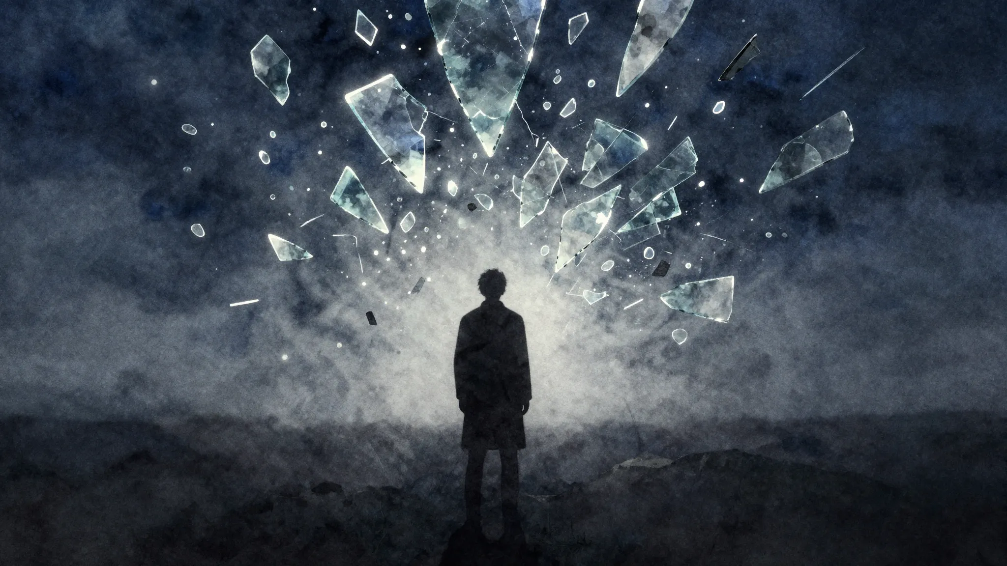 Vibrant watercolor style. Rock ballad album cover, a dark lo...