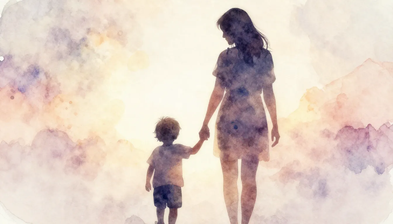 Watercolor style. A silhouette of a mother holding a child's...