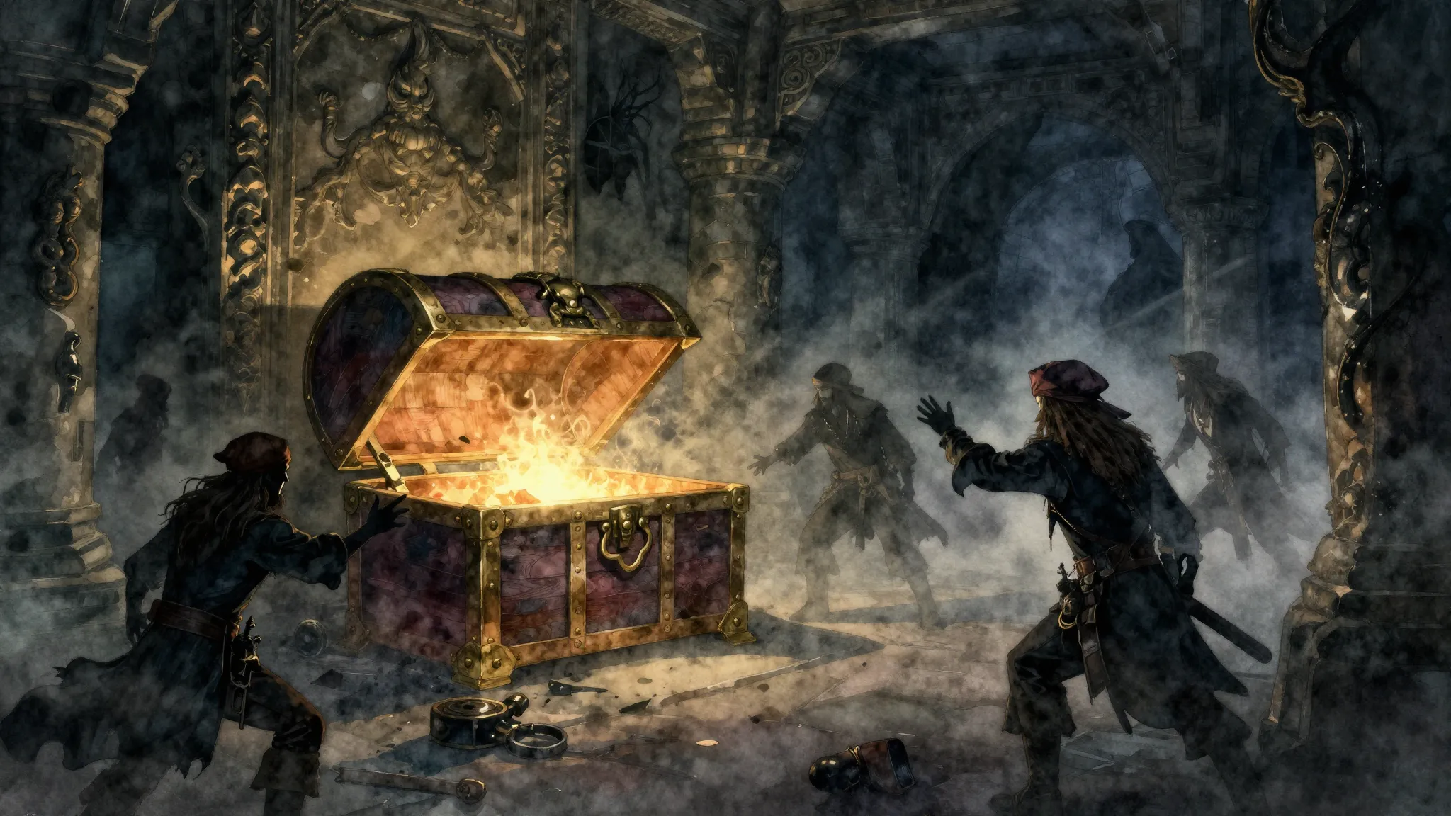 Watercolor style. Dark ancient temple interior, glowing trea...